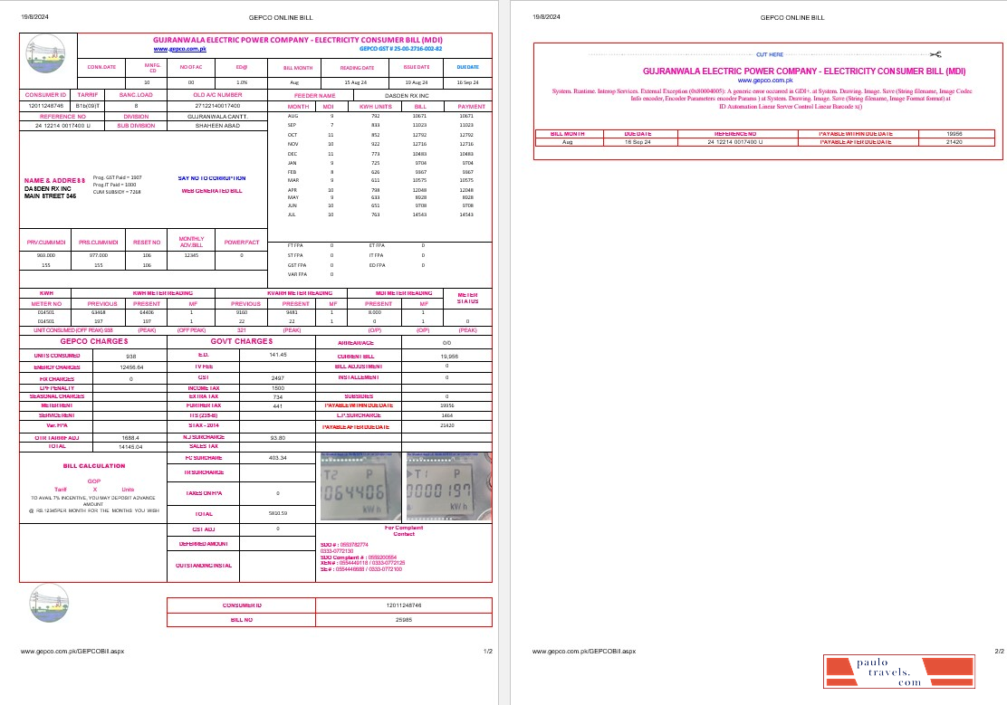 Pakistan Gujanwala electric power company electricity business utility bill Word and PDF formats, 2 pages